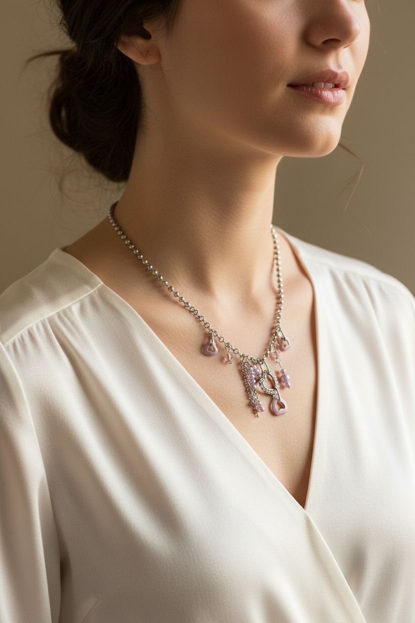 collier vintage - neuf - chaine argenté maillon rond - pendentifs strass coeurs émaillé - perles mauve lila violet - girly femme ado