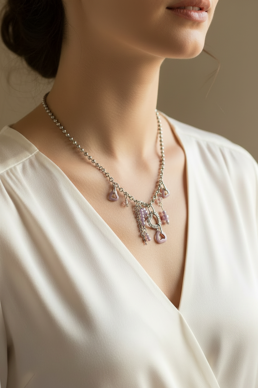 collier vintage - neuf - chaine argenté maillon rond - pendentifs strass coeurs émaillé - perles mauve lila violet - girly femme ado