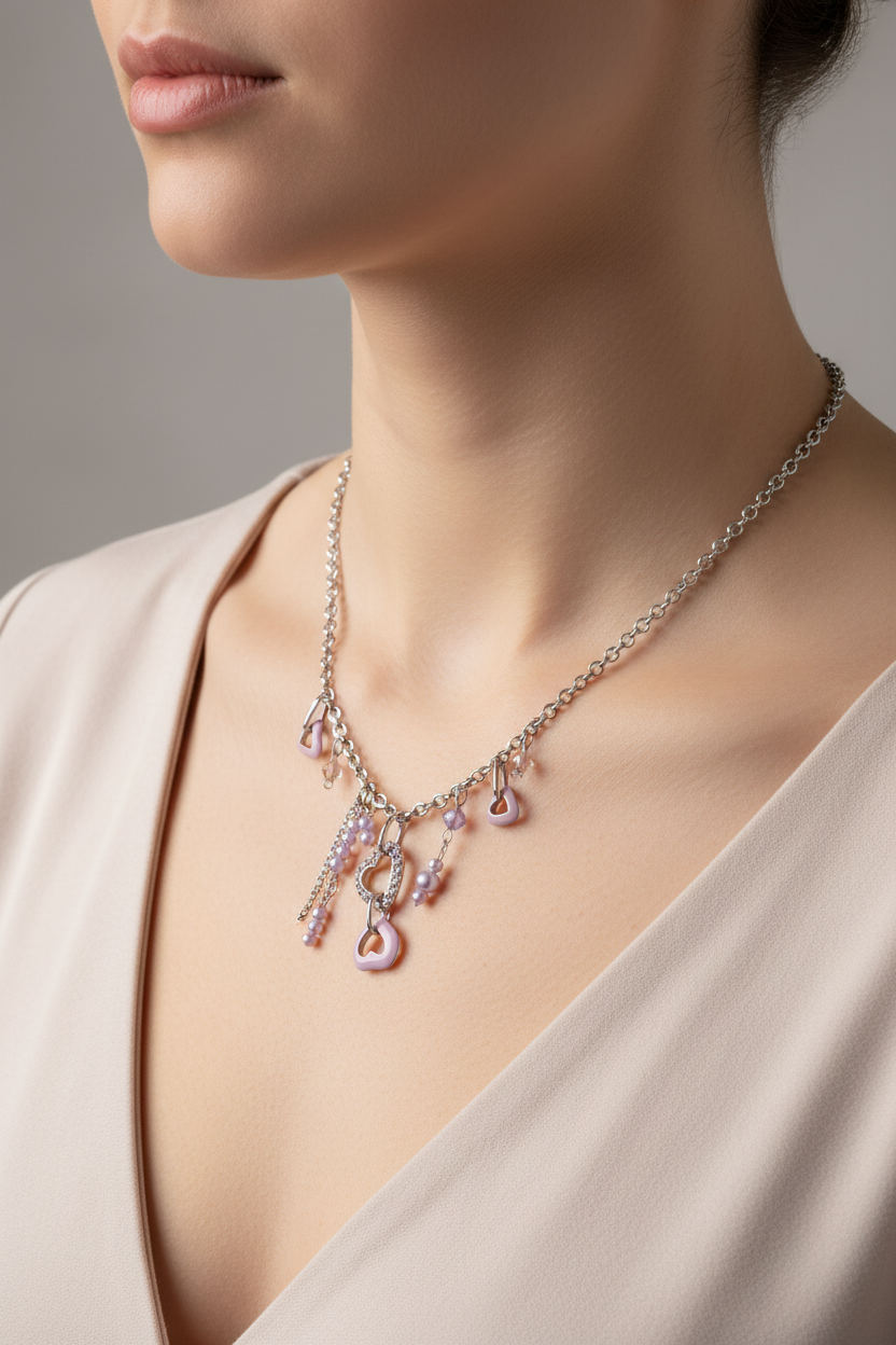 collier vintage - neuf - chaine argenté maillon rond - pendentifs strass coeurs émaillé - perles mauve lila violet - girly femme ado