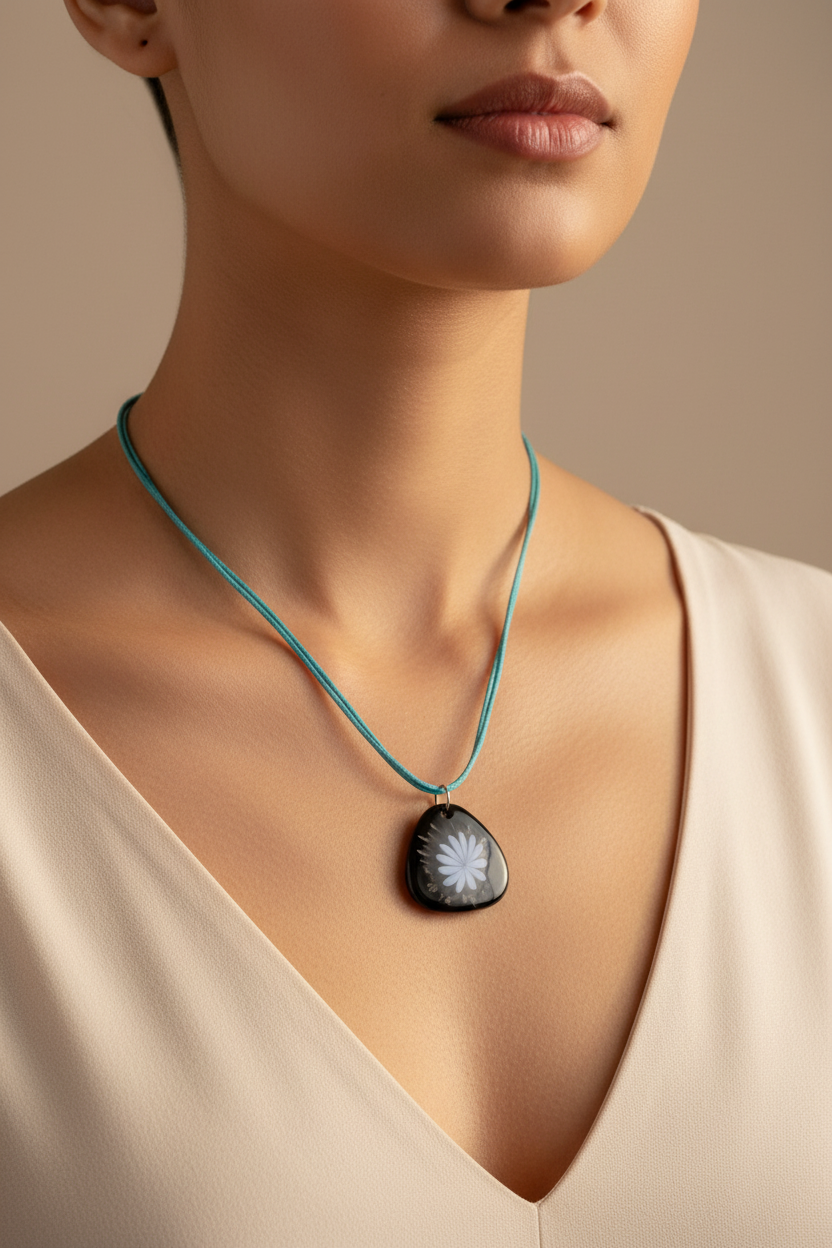 collier vintage - neuf - cordon bleu turquoise - pendentif triangle fleur noir blanc résine - femme fille