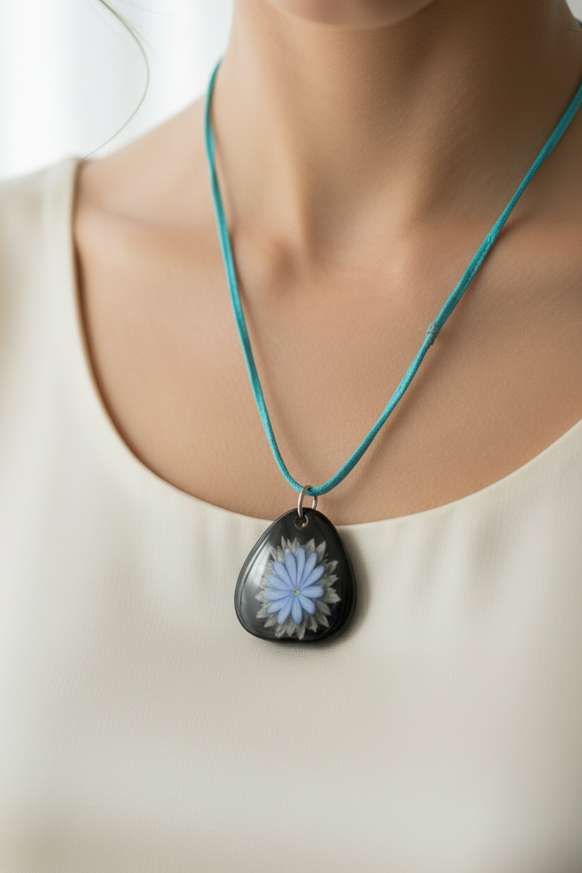 collier vintage - neuf - cordon bleu turquoise - pendentif triangle fleur noir blanc résine - femme fille