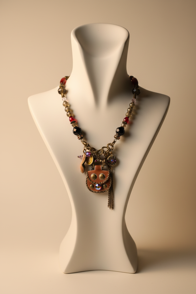 collier vintage - neuf - rétro - chaine doré - pendentif charms féminin sac chaussure perles pierres strass - acier