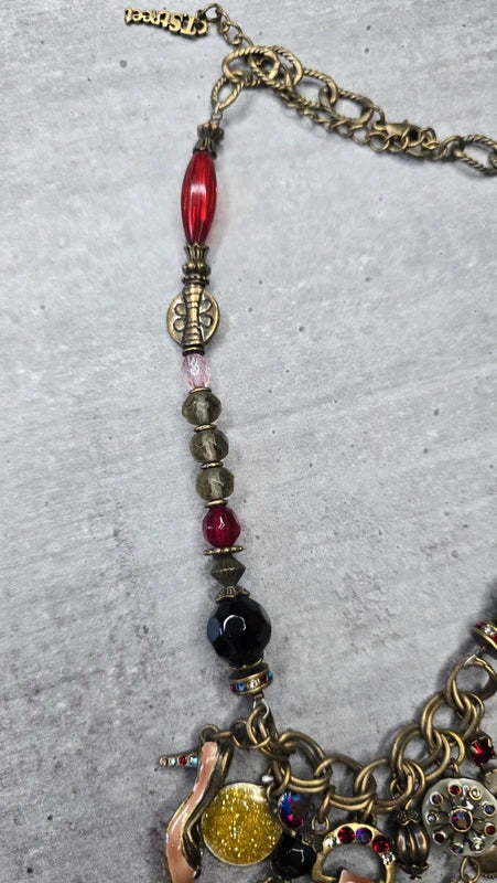 collier vintage - neuf - rétro - chaine doré - pendentif charms féminin sac chaussure perles pierres strass - acier