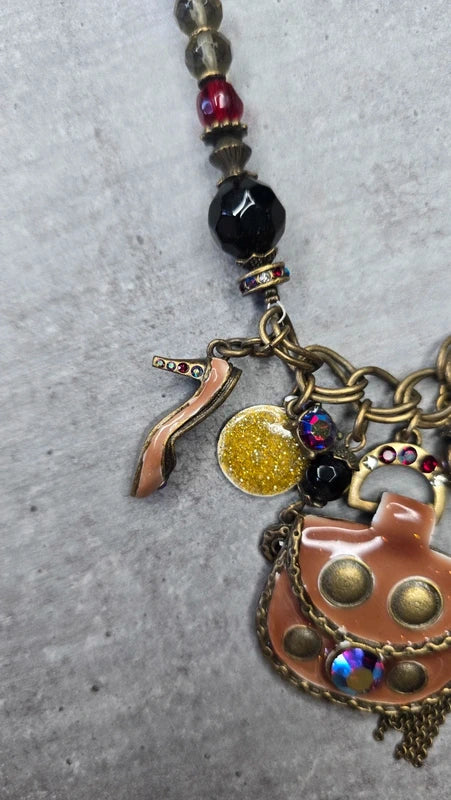 collier vintage - neuf - rétro - chaine doré - pendentif charms féminin sac chaussure perles pierres strass - acier