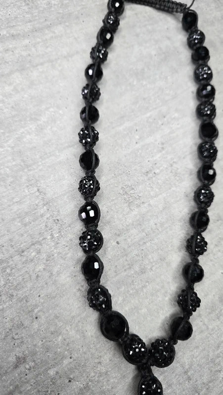 Collier vintage - neuf - pendentif croix chapelet - shamballa perles facette perles strass - ajustable - rock gothique