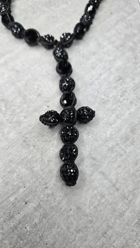 Collier vintage - neuf - pendentif croix chapelet - shamballa perles facette perles strass - ajustable - rock gothique