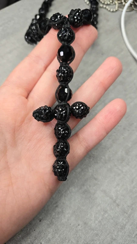 Collier vintage - neuf - pendentif croix chapelet - shamballa perles facette perles strass - ajustable - rock gothique