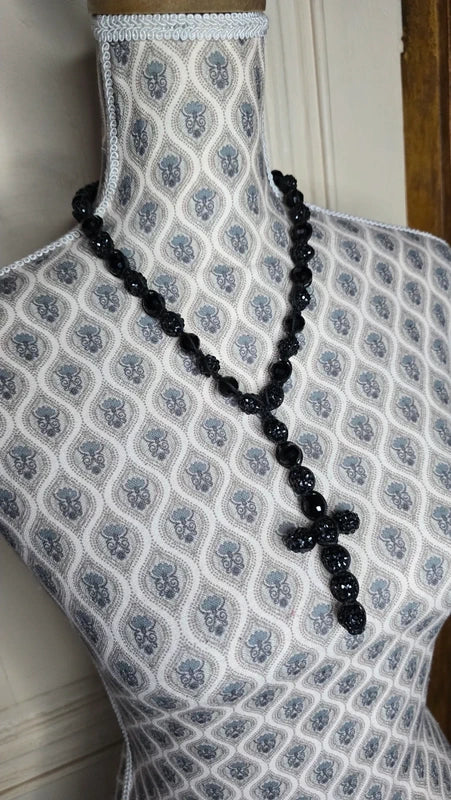 Collier vintage - neuf - pendentif croix chapelet - shamballa perles facette perles strass - ajustable - rock gothique