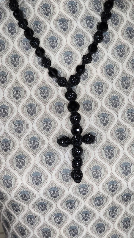 Collier vintage - neuf - pendentif croix chapelet - shamballa perles facette perles strass - ajustable - rock gothique