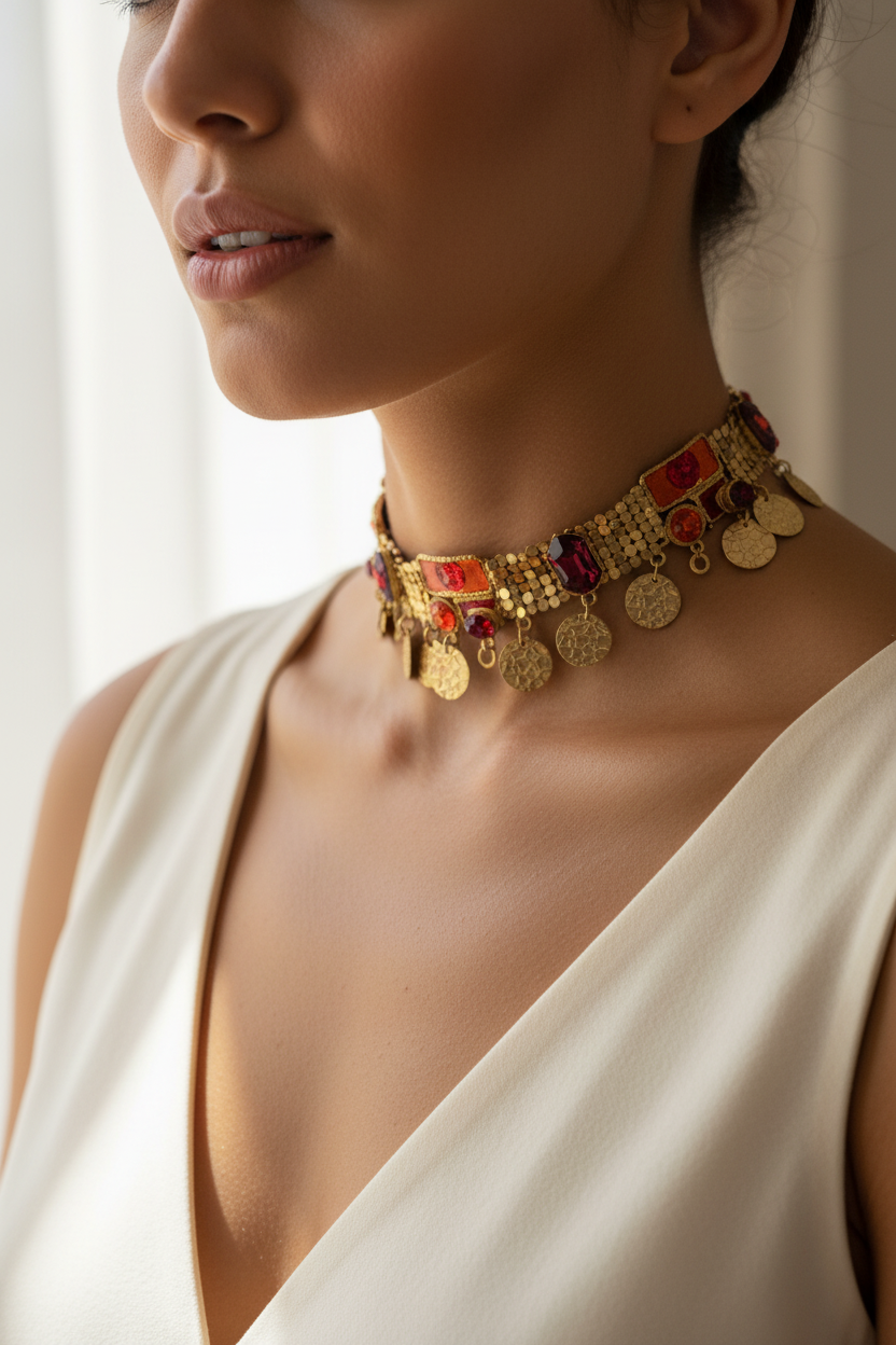 collier ras de cou vintage - esprit oriental - émaille doré - strass rouge orange - pendentif pièce texturé