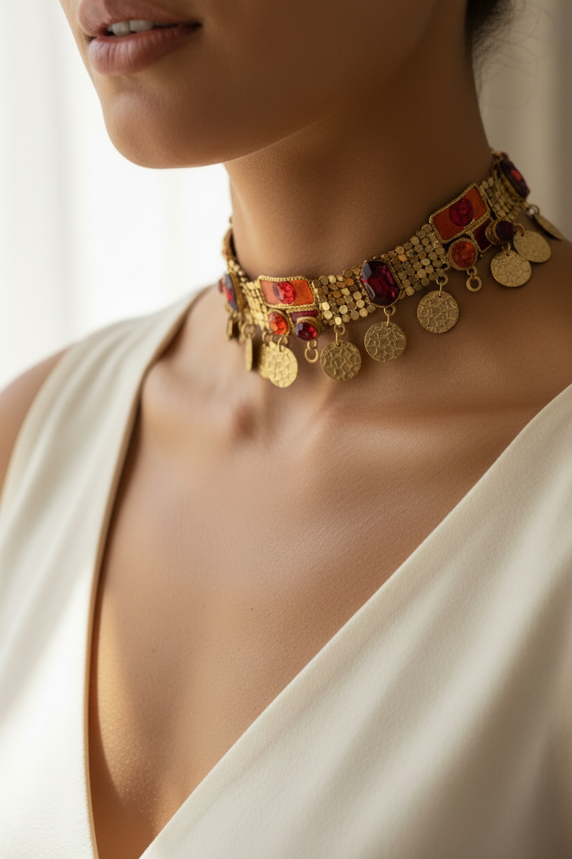 collier ras de cou vintage - esprit oriental - émaille doré - strass rouge orange - pendentif pièce texturé