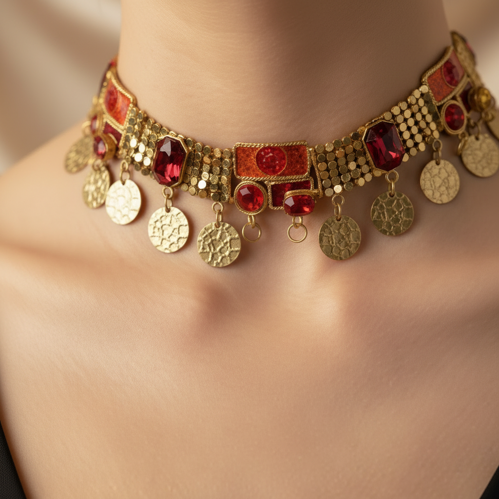 collier ras de cou vintage - esprit oriental - émaille doré - strass rouge orange - pendentif pièce texturé