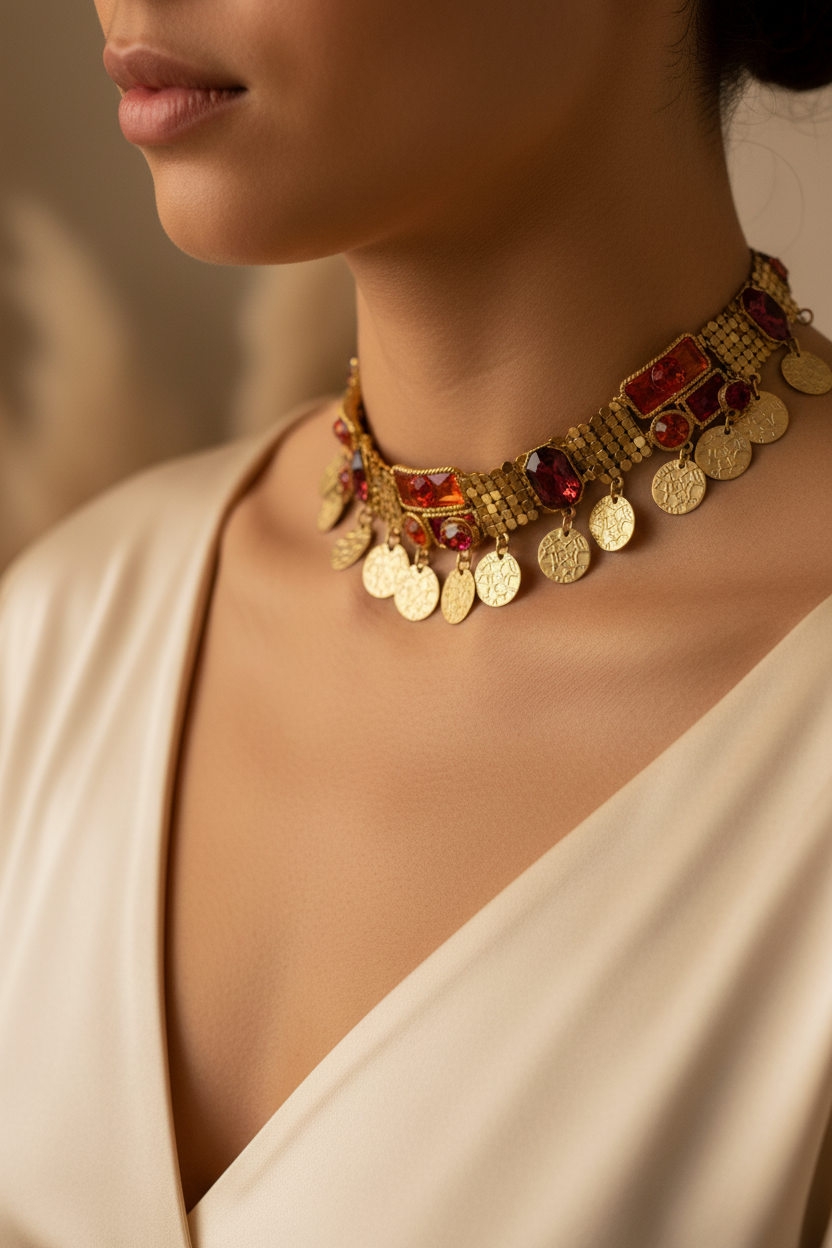 collier ras de cou vintage - esprit oriental - émaille doré - strass rouge orange - pendentif pièce texturé