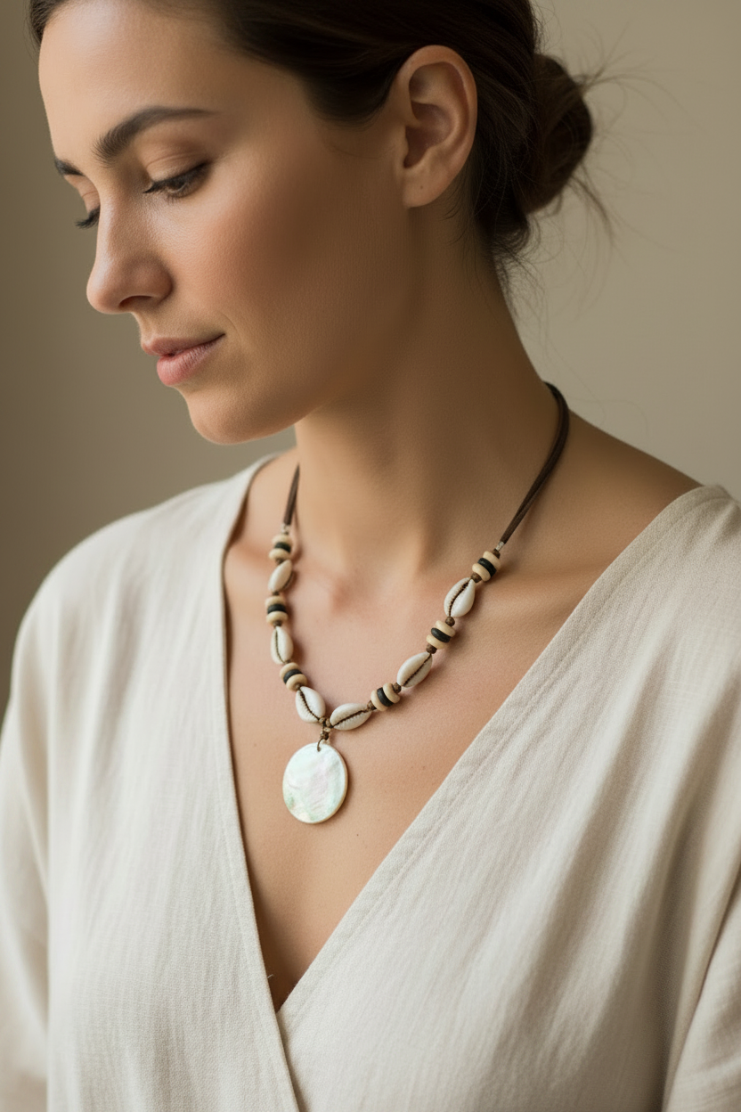 collier vintage -  neuf - coquillage cauris - pendentif en nacre - style plage - daim marron - perles