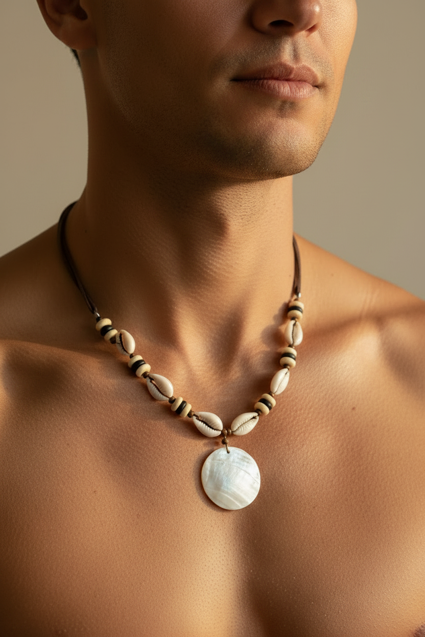 collier vintage -  neuf - coquillage cauris - pendentif en nacre - style plage - daim marron - perles