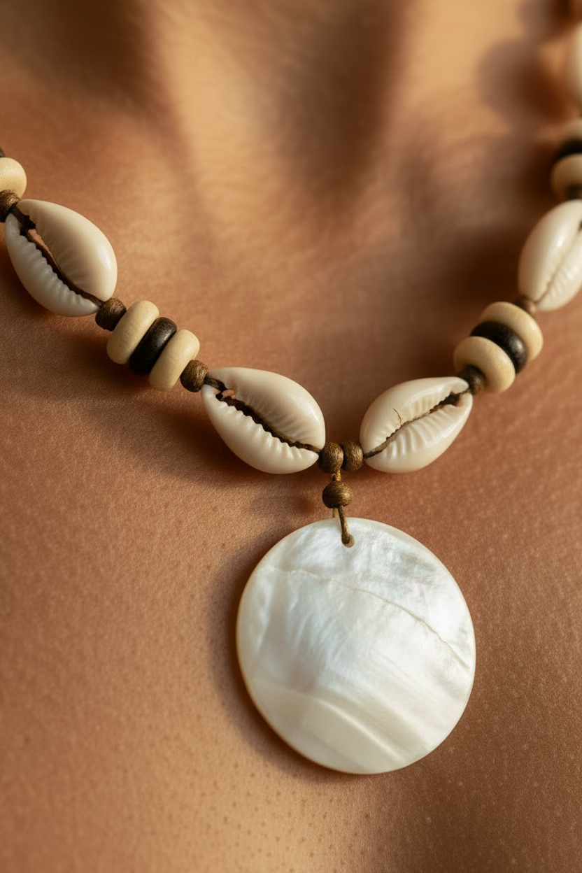 collier vintage -  neuf - coquillage cauris - pendentif en nacre - style plage - daim marron - perles