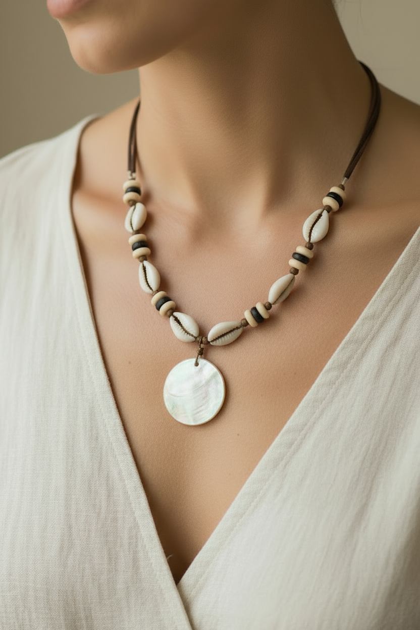 collier vintage -  neuf - coquillage cauris - pendentif en nacre - style plage - daim marron - perles