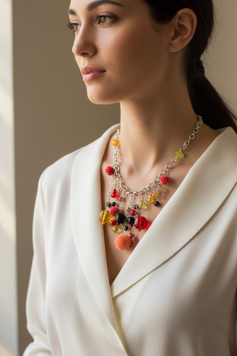 collier plastron - marque Lollipops - neuf - chaine argenté maillon en acier inoxydable - pendentif breloques charms perles facette pompons brillants