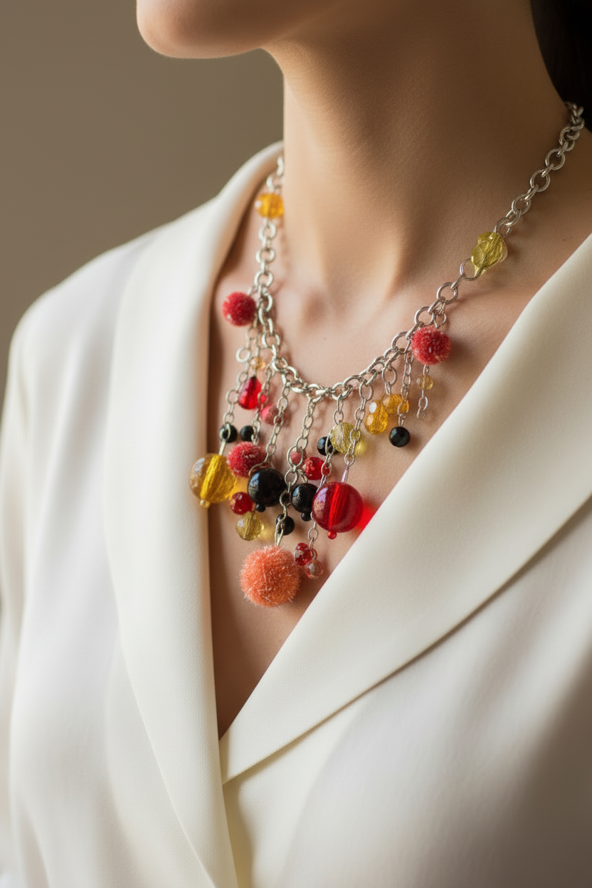 collier plastron - marque Lollipops - neuf - chaine argenté maillon en acier inoxydable - pendentif breloques charms perles facette pompons brillants