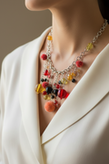 collier plastron - marque Lollipops - neuf - chaine argenté maillon en acier inoxydable - pendentif breloques charms perles facette pompons brillants