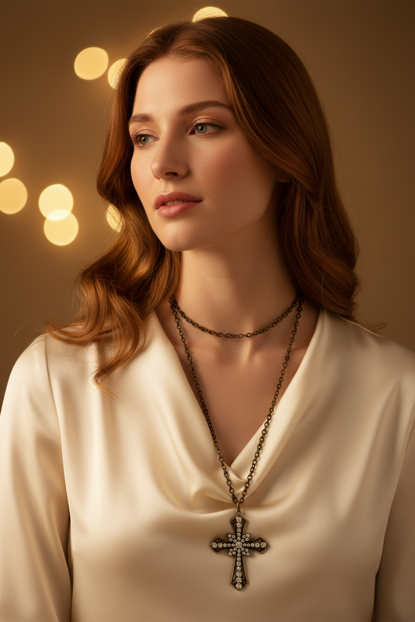 collier sautoir vintage - neuf - chaine bronze en acier - pendentif croix strass argenté brillant - gravé travaillé