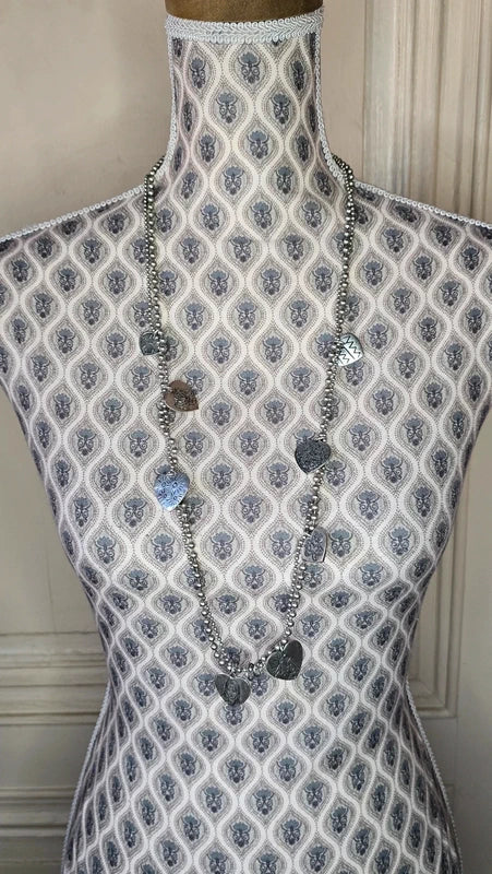 collier sautoir vintage - double chaine perles argenté - pendentifs coeur gravure - réversible - rétro