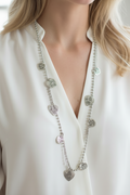collier sautoir vintage - double chaine perles argenté - pendentifs coeur gravure - réversible - rétro