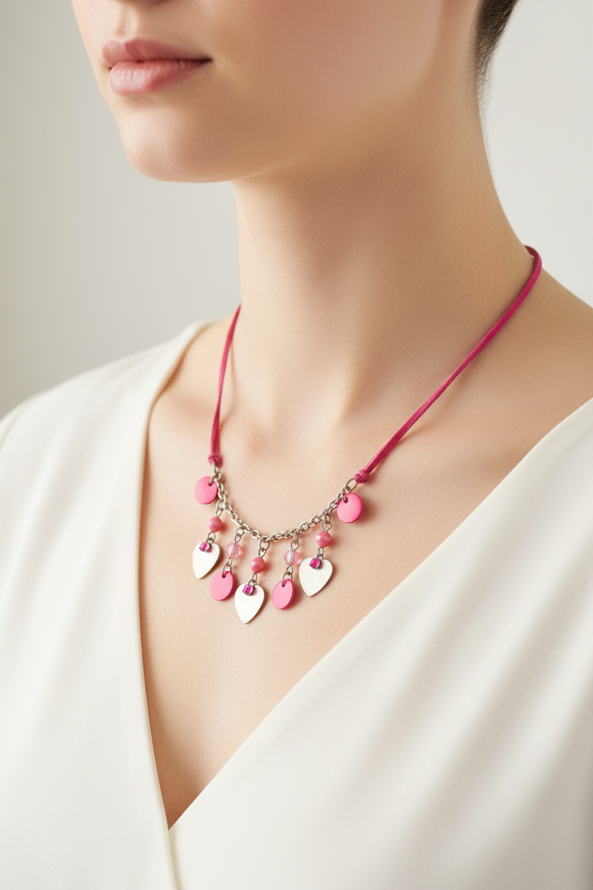 collier vintage - cordon rose - pendentif perles strass pierre rond coeur - rose fuchsia argenté vieilli