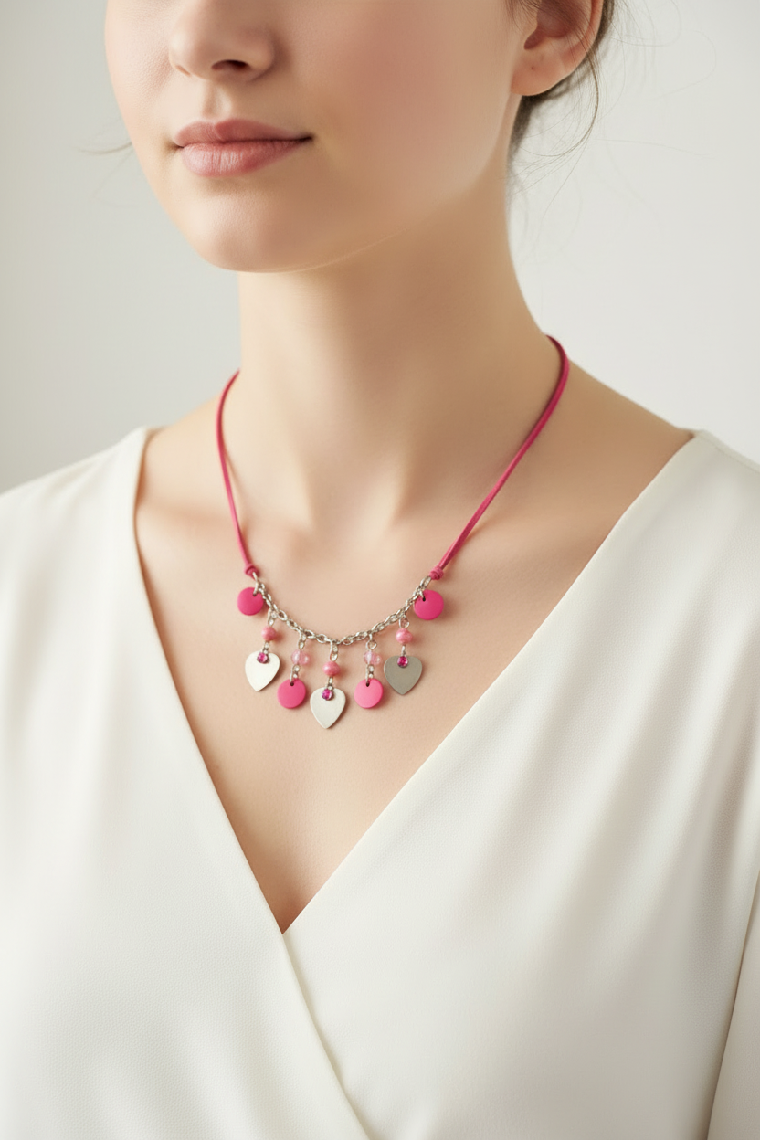 collier vintage - cordon rose - pendentif perles strass pierre rond coeur - rose fuchsia argenté vieilli