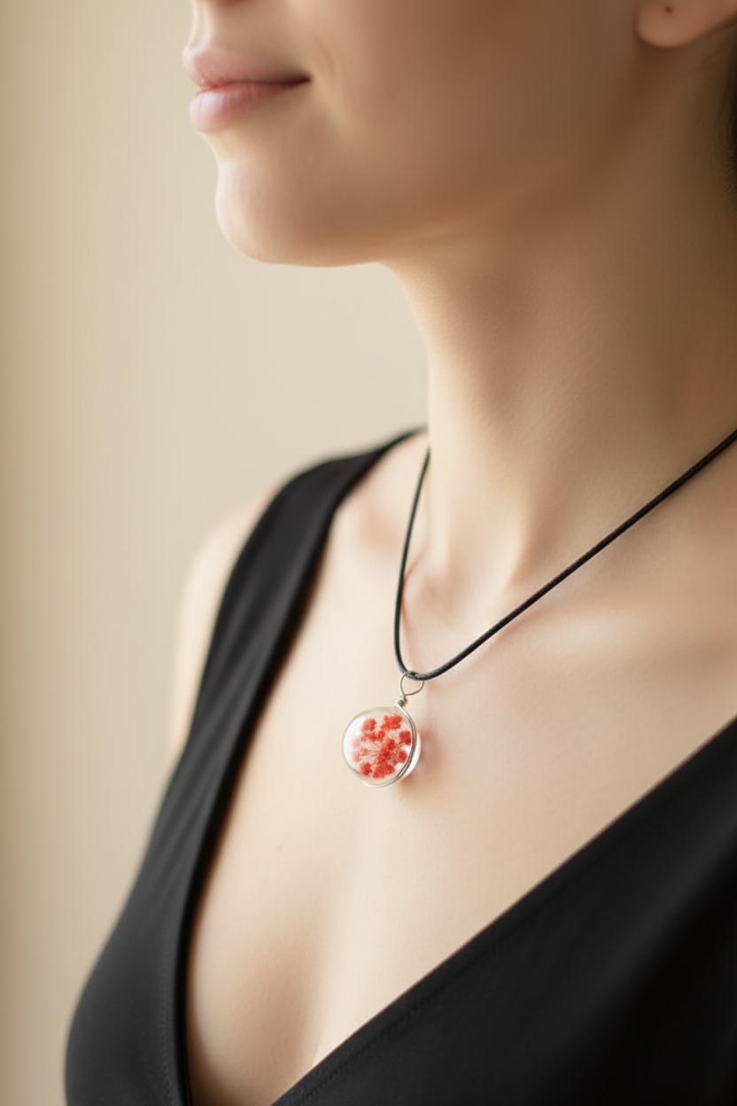 collier - neuf - fait main - cordon noir pendentif fleurs séchées rouge - résine artisanal