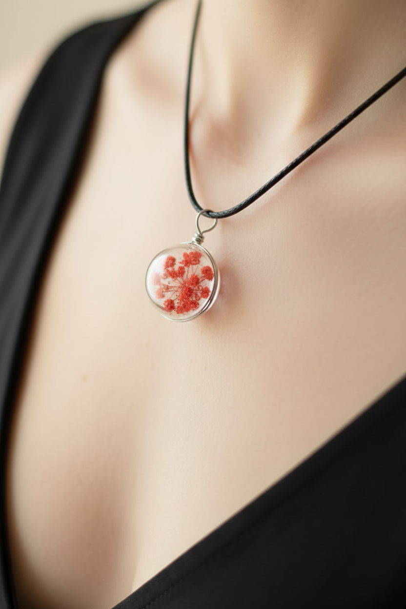 collier - neuf - fait main - cordon noir pendentif fleurs séchées rouge - résine artisanal