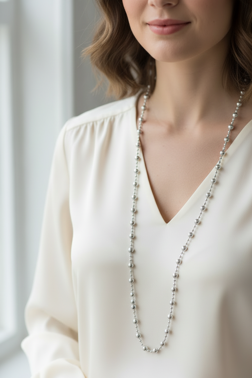 collier sautoir vintage - neuf - perles facettées -  argenté - modulable 3 positions - élégant chic