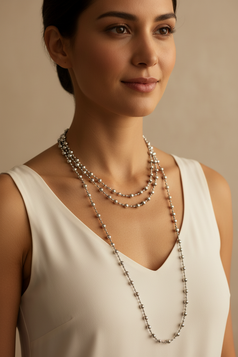 collier sautoir vintage - neuf - perles facettées -  argenté - modulable 3 positions - élégant chic