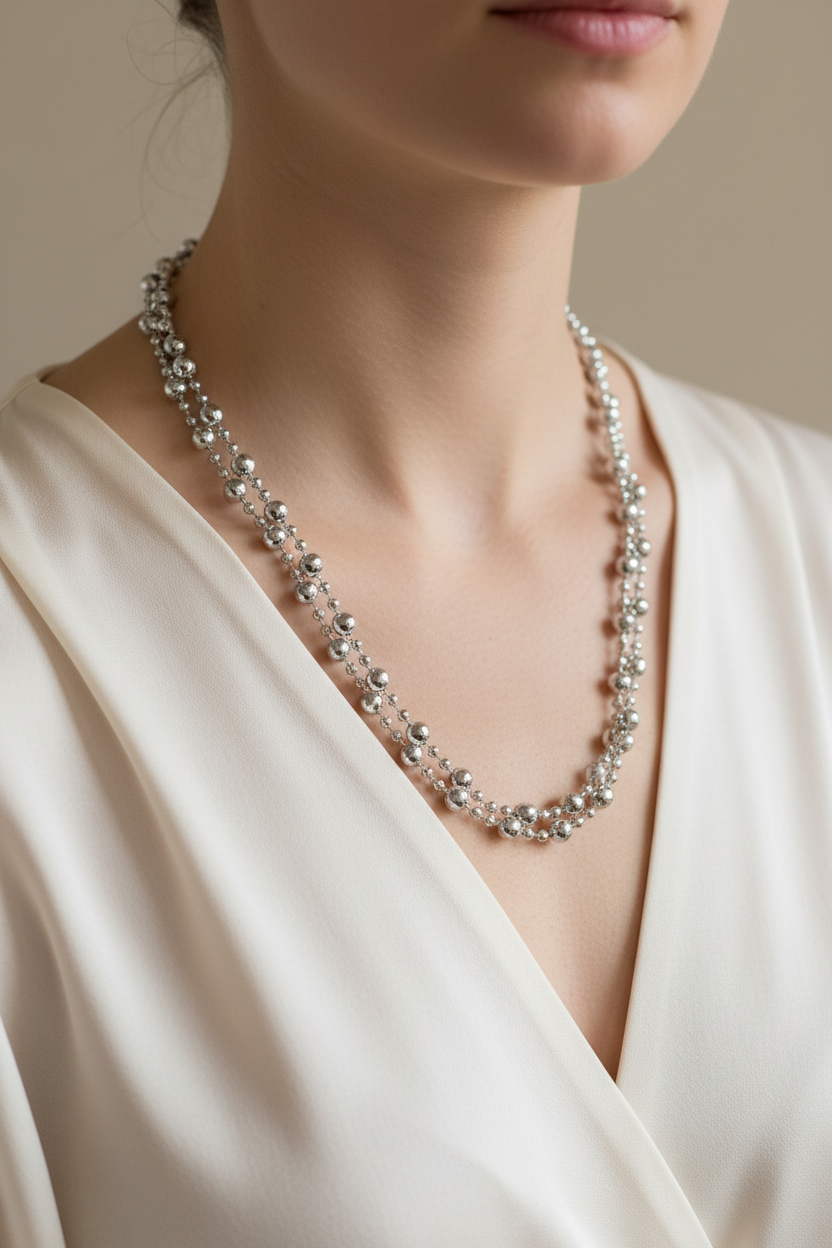 collier sautoir vintage - neuf - perles facettées -  argenté - modulable 3 positions - élégant chic