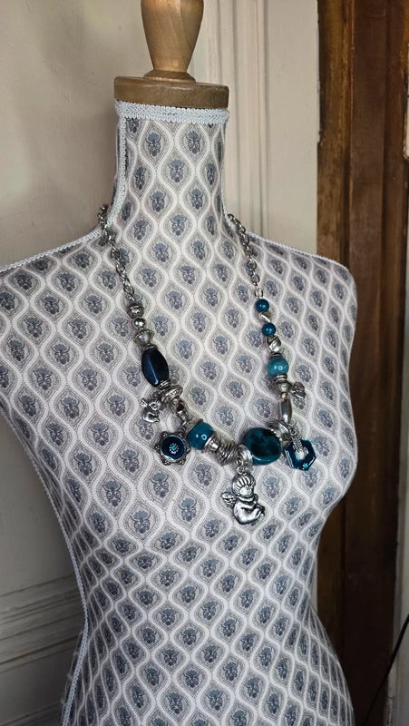 collier vintage - chaine argenté - pendentif pierre breloque charms argenté ange - bleu vert