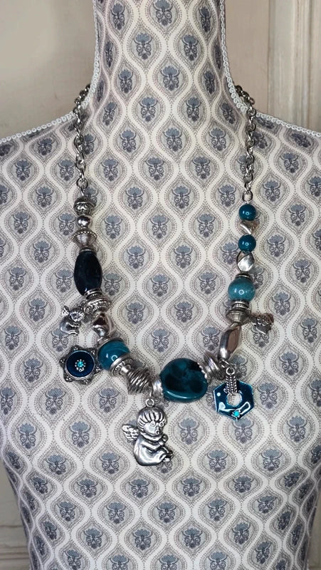collier vintage - chaine argenté - pendentif pierre breloque charms argenté ange - bleu vert