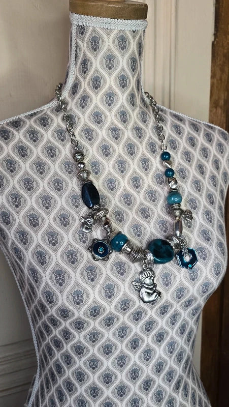 collier vintage - chaine argenté - pendentif pierre breloque charms argenté ange - bleu vert