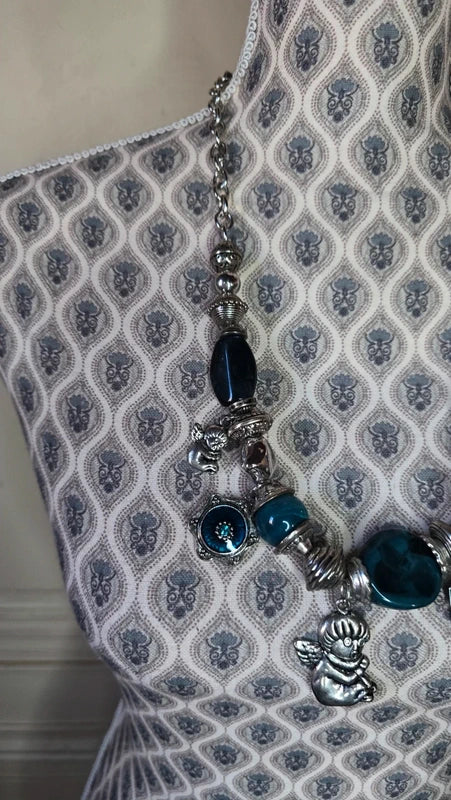 collier vintage - chaine argenté - pendentif pierre breloque charms argenté ange - bleu vert