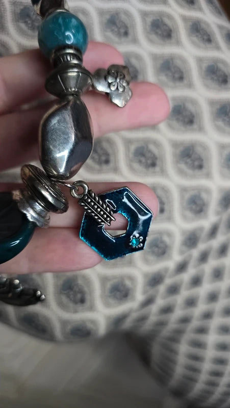 collier vintage - chaine argenté - pendentif pierre breloque charms argenté ange - bleu vert