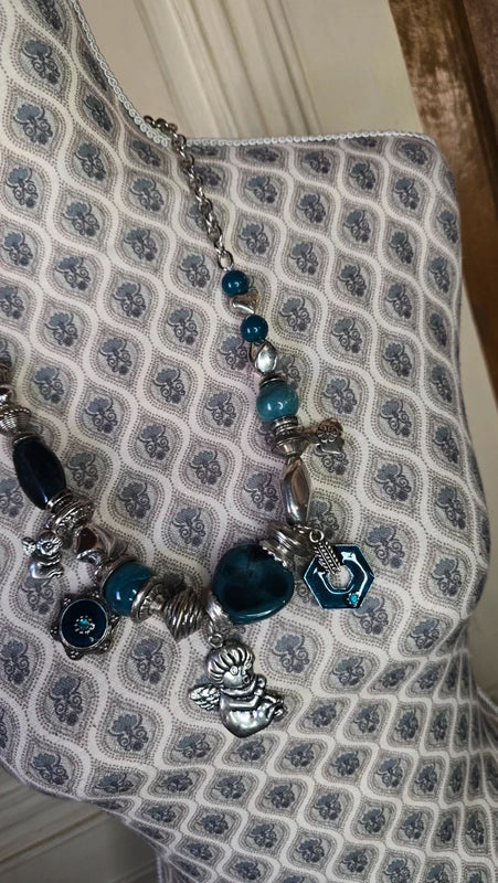 collier vintage - chaine argenté - pendentif pierre breloque charms argenté ange - bleu vert