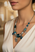 collier vintage - chaine argenté - pendentif pierre breloque charms argenté ange - bleu vert