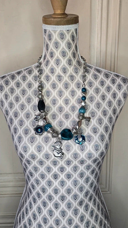 collier vintage - chaine argenté - pendentif pierre breloque charms argenté ange - bleu vert