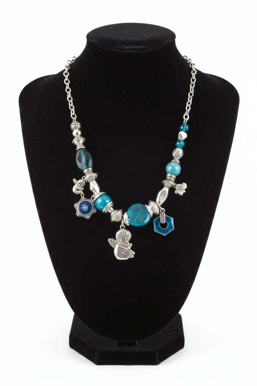 collier vintage - chaine argenté - pendentif pierre breloque charms argenté ange - bleu vert