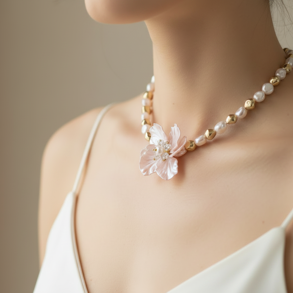 collier -  neuf - perles rose nacré doré coeur - pendentif fleurs pétales coeur brillant - chic
