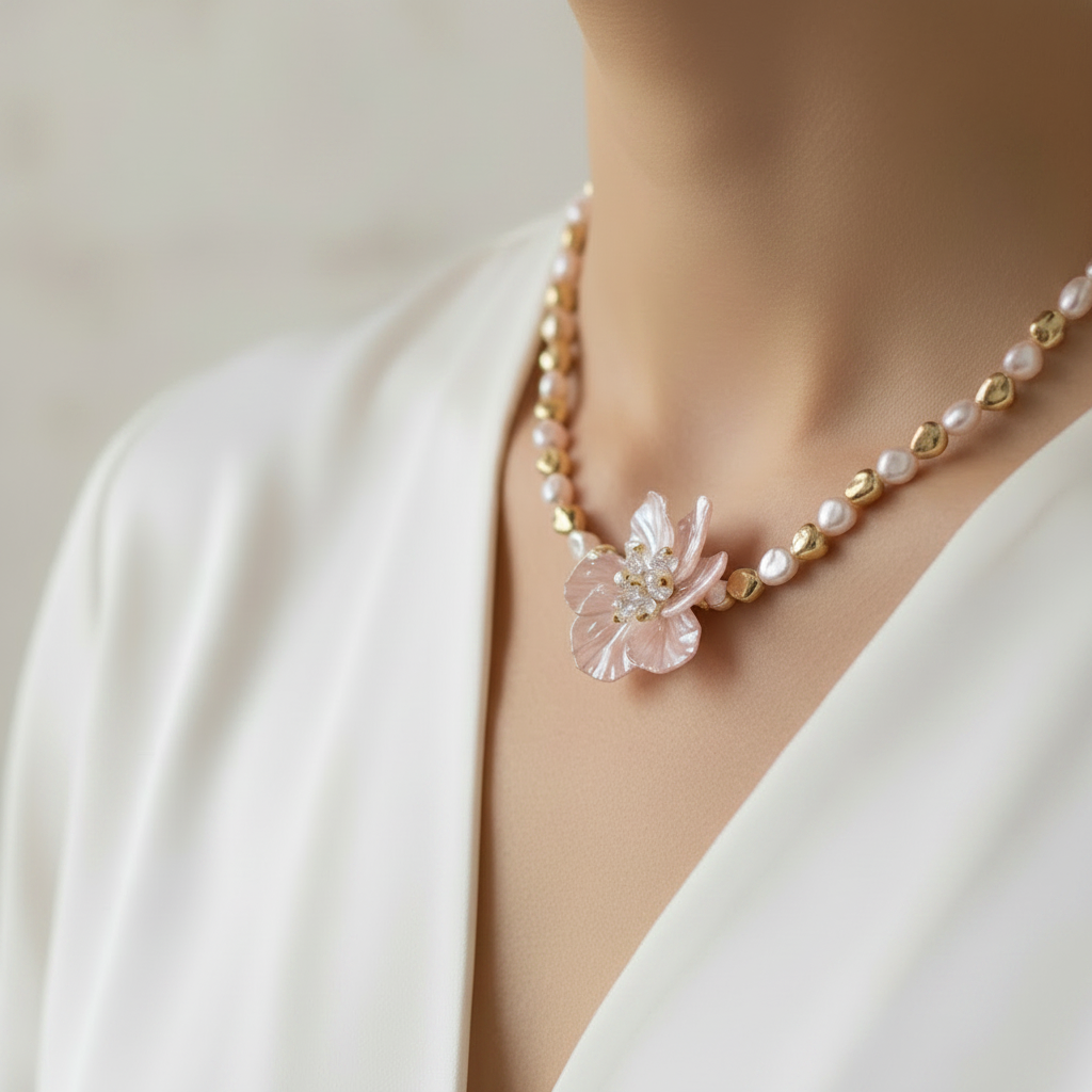 collier -  neuf - perles rose nacré doré coeur - pendentif fleurs pétales coeur brillant - chic