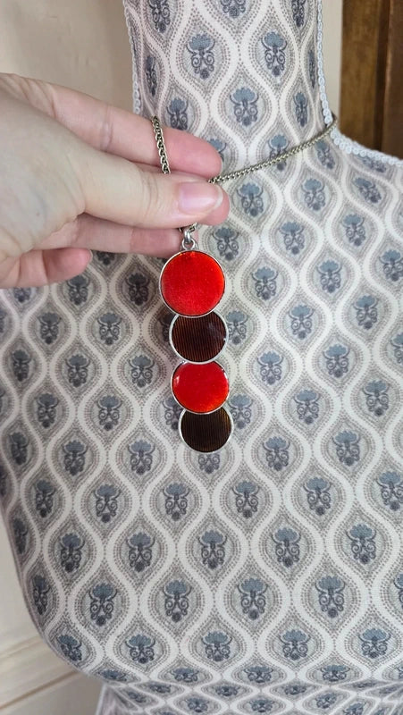 collier vintage - pendentif en cascade - 4 cercles rond orange irisé marron rayure - rétro