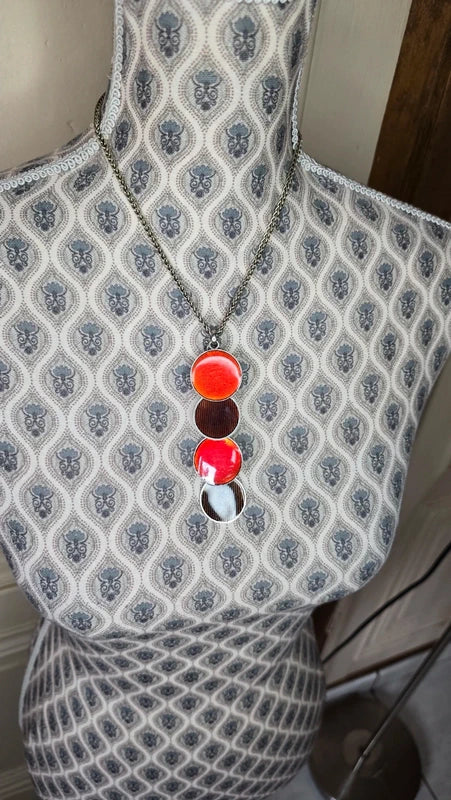 collier vintage - pendentif en cascade - 4 cercles rond orange irisé marron rayure - rétro