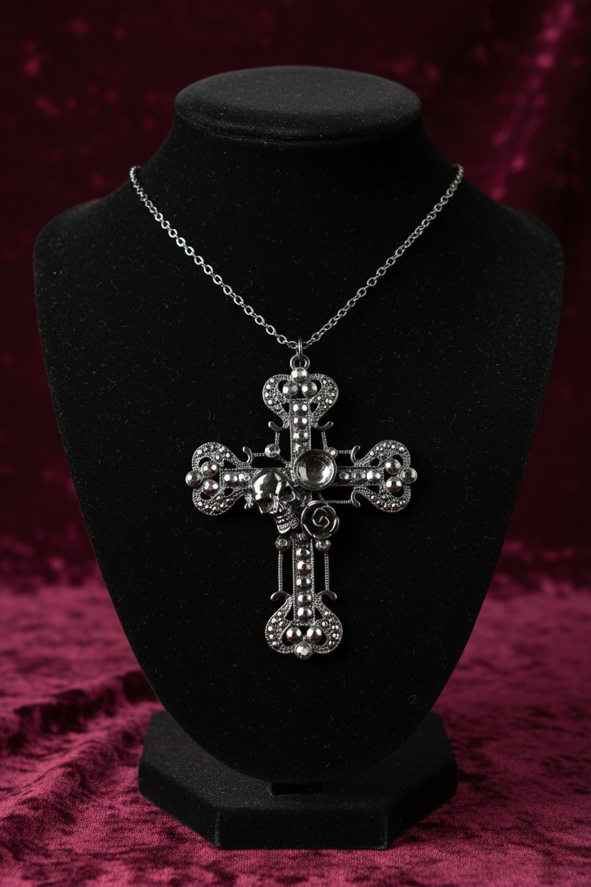 collier sautoir vintage - croix gothique strass noir gravé - tete de mort rose grand pendentif