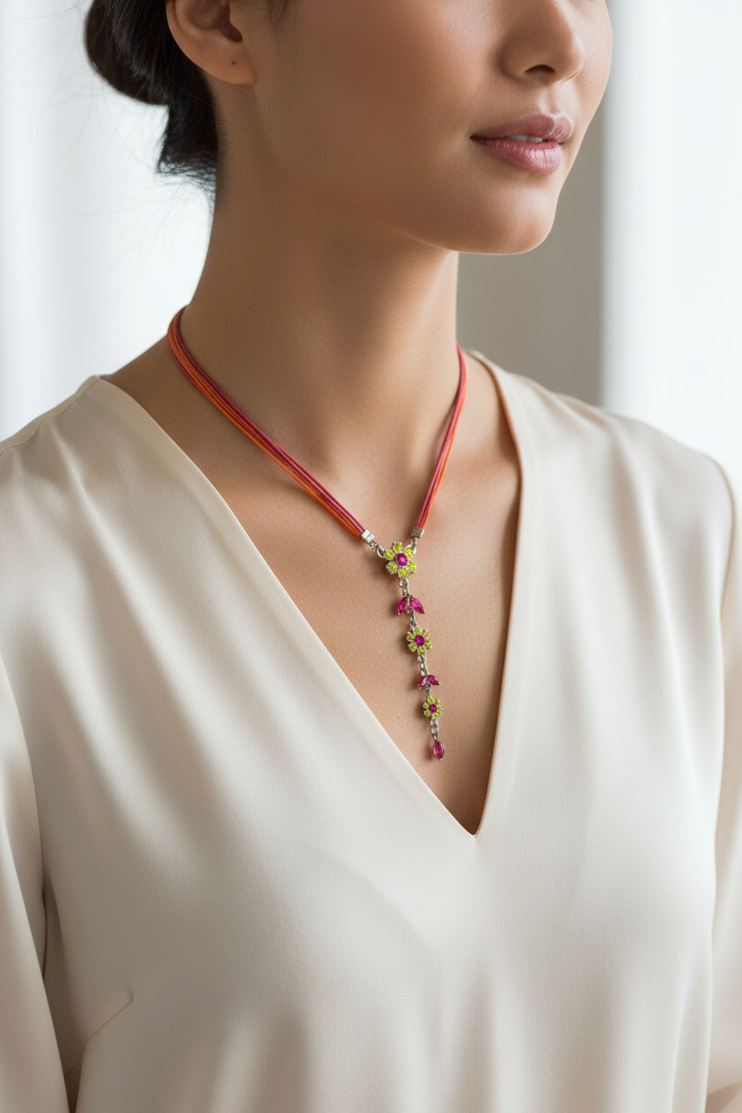 collier vintage - neuf - cordon rose orange - pendentif cascade fleurs - pierres strass rose fuchsia vert - chic