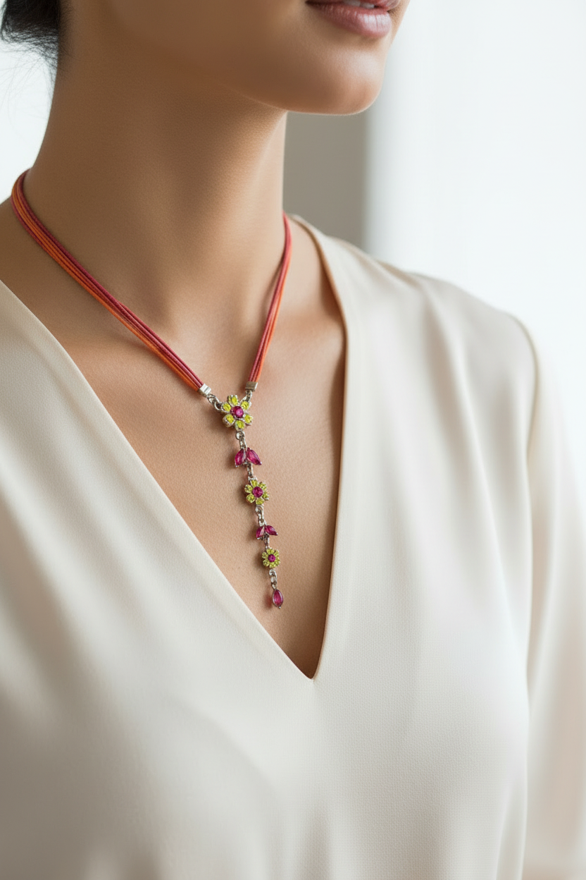 collier vintage - neuf - cordon rose orange - pendentif cascade fleurs - pierres strass rose fuchsia vert - chic